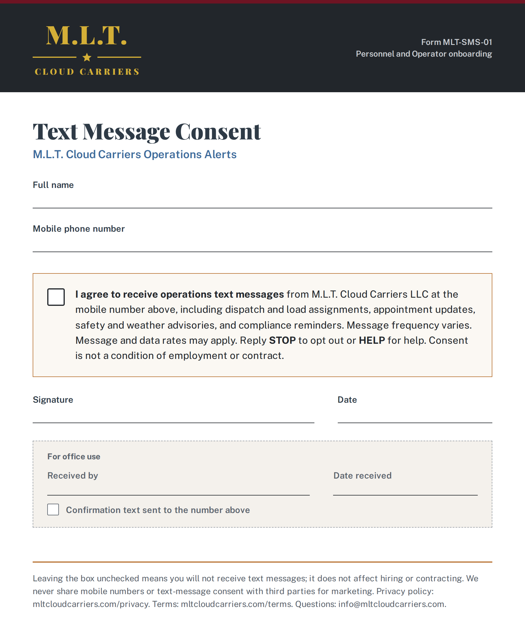 M.L.T. Cloud Carriers Text Message Consent form with fields for name and mobile number, an unchecked consent box with the full disclosure, and signature and date lines.
